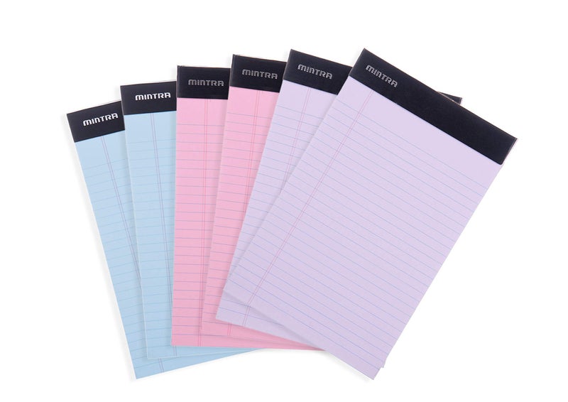 Mintra Office Legal Pads - ((BASIC PASTEL 6pk, 5in X 8in, NARROW RULED)) - 50 Sheets per Notepad, Micro perforated Writing Pad, Notebook Paper for School, College, Office, Professional - Image 1